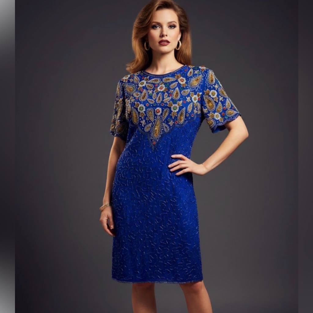 Vintage Nagpal New York Beaded Silk Dress Royal Blue & Gold Paisley 1980s Glam